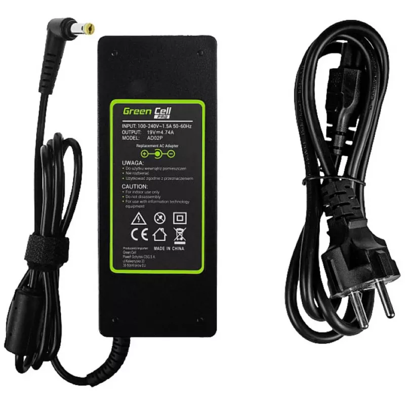 Laptop Power Adapter zaļa Cell AD02P 90W 19V 4.74A AC-to-DC Indoor Melns
