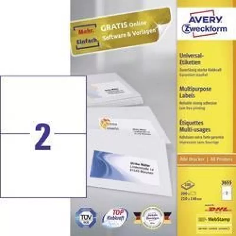 Avery 3655 pašlīmējošā etiķete Taisnstūrveida Pastāvīga Balta 200 gab.