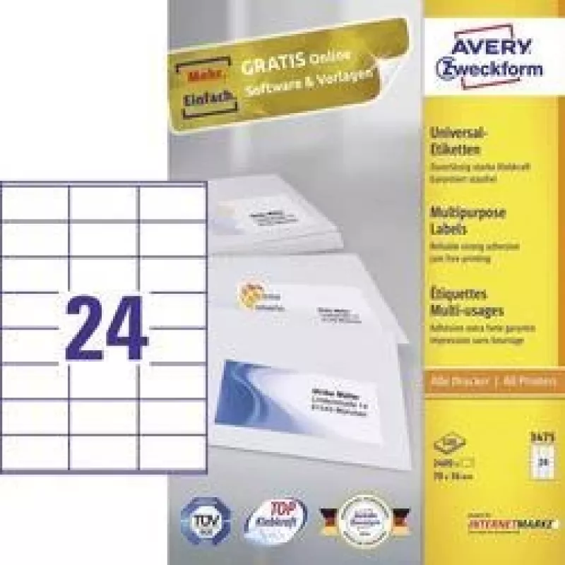 Avery daudzfunkcionālās uzlīmes lāzerprinteriem kopētājiem tintes printeriem 24 uz lapas 70x36mm
