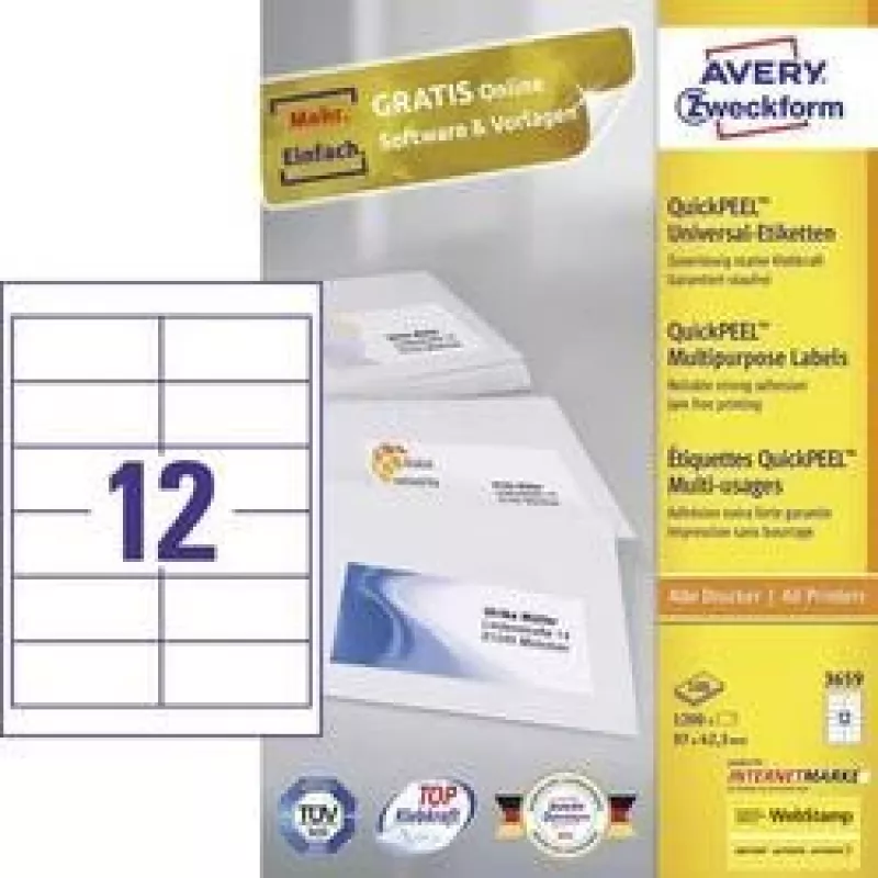 Avery 3659 pašlīmējošā uzlīme Taisnstūrveida Pastāvīga Balta 1200 gab.