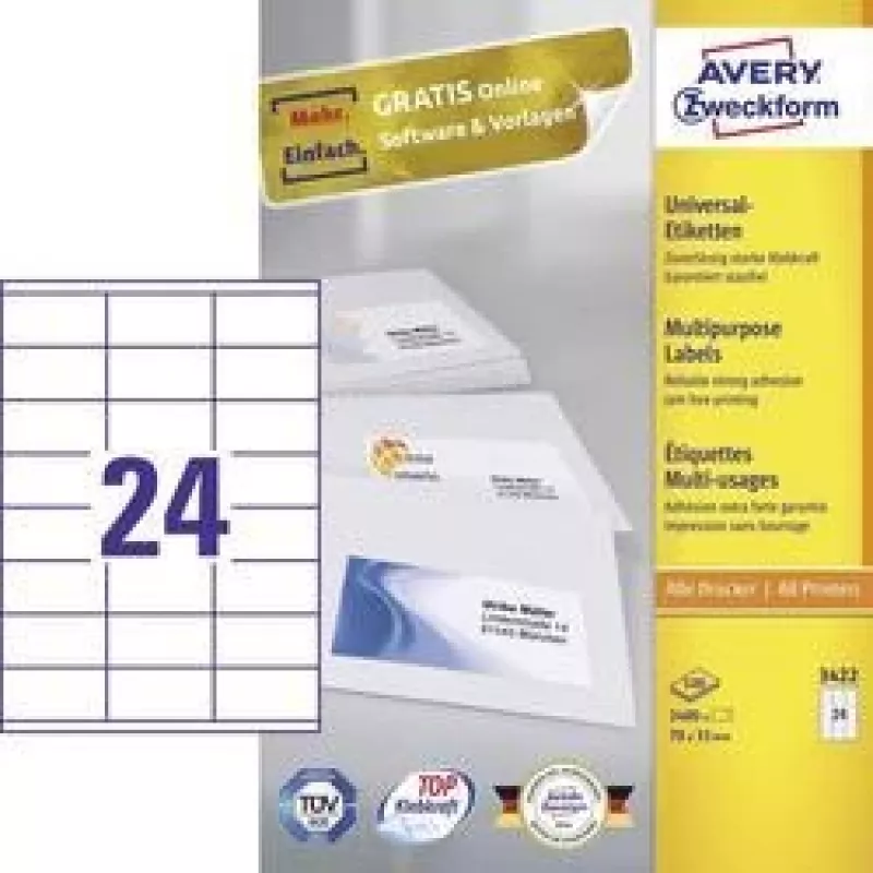 Universālas uzlīmes 70x35mm InkjetLaserCopy A4 100 loksnes 2400 gab. Baltas