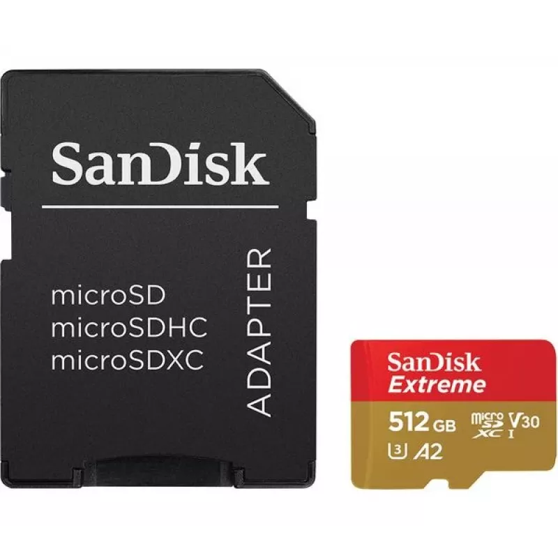 MicroSDHC atmiņas karte SANDISK Extreme 512 GB UHS-I A1 V30 U3 Class 10, lasīšana 190 MB/s, rakstīšana 130 MB/s, komplektā SD adapteris