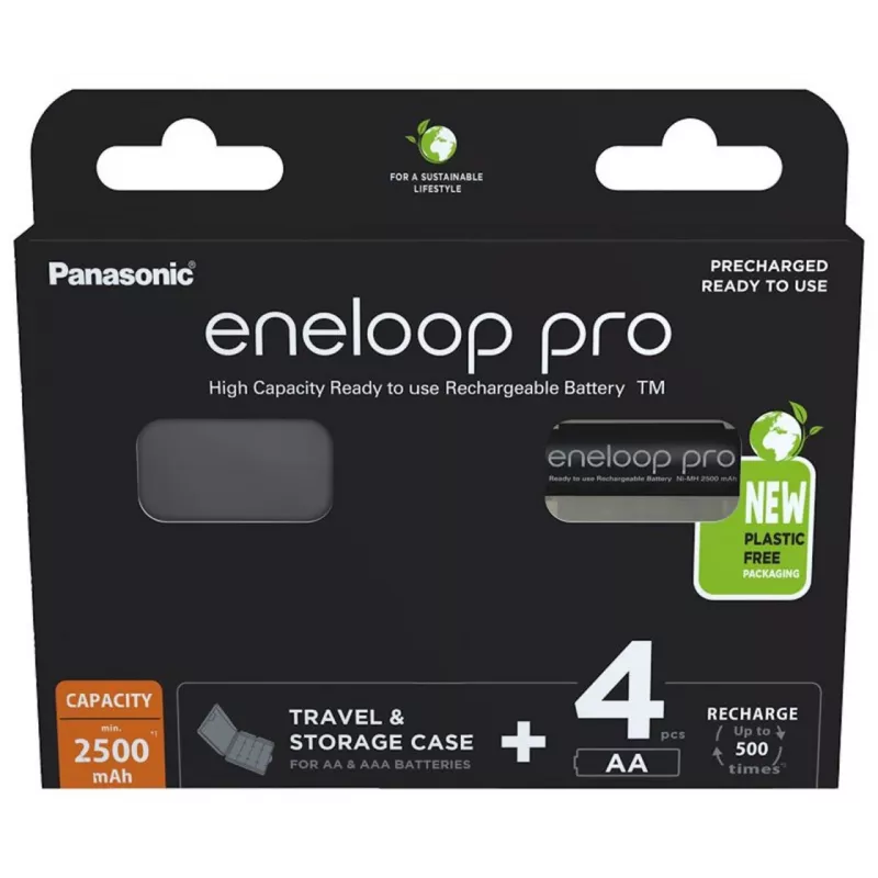 Uzlādējamās baterijas PANASONIC ENELOOP PRO AA 2500 mAh 4 gab. + futrālis (BK-3HCDE/4CP+CASE)