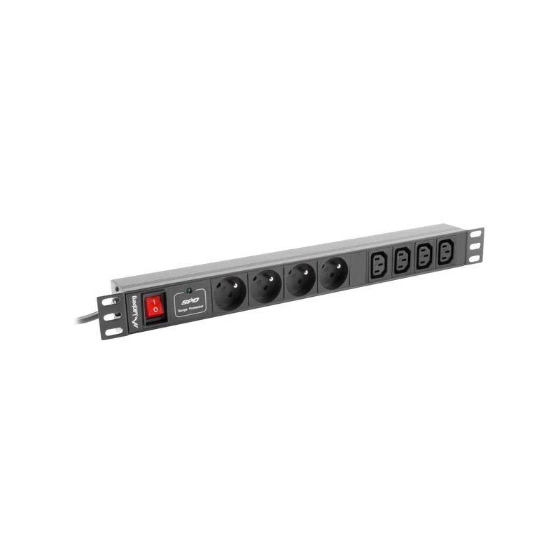 Strāvas sadales bloks LANBERG PDU-04E04I-0200-BK — 4× C13 ligzdas, 16 A, 220–250 V, 2 m kabelis, 1U horizontāls, melns