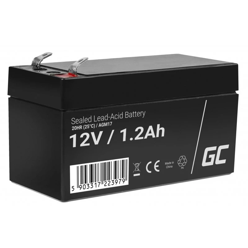 Hermētiska svina-skābes (VRLA) baterija zaļa Cell AGM17 12 V 1,2 Ah — augstums 52 mm, 43×97 mm, 0,5 kg