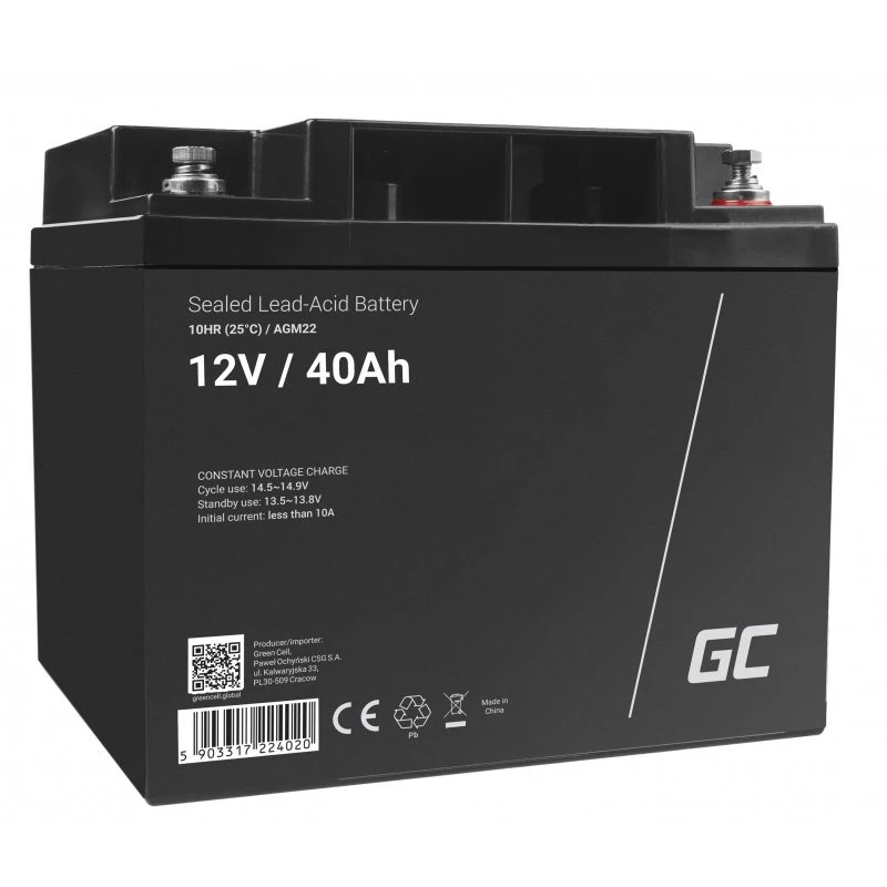 UPS baterija zaļa Cell AGM22 — Hermētisks svina-skābes akumulators 12V 40Ah (VRLA), 170×165×197 mm, 12,1 kg
