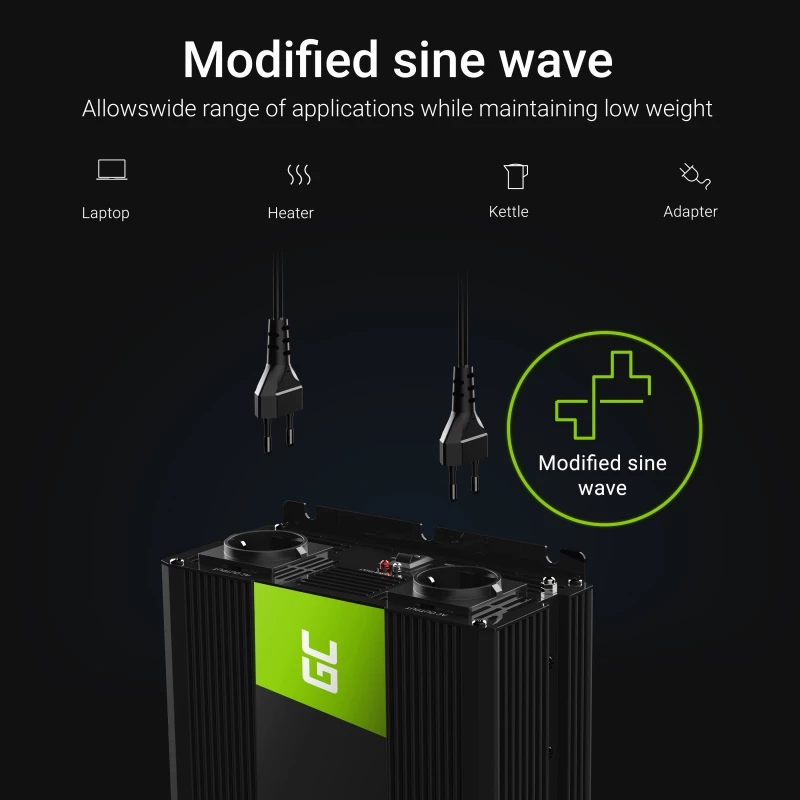 Jaudas pārveidotājs zaļa Cell INV10 2000 W, 12 V līdzstrāva uz 230 V maiņstrāvu, C tipa izeja, 50 Hz, melns