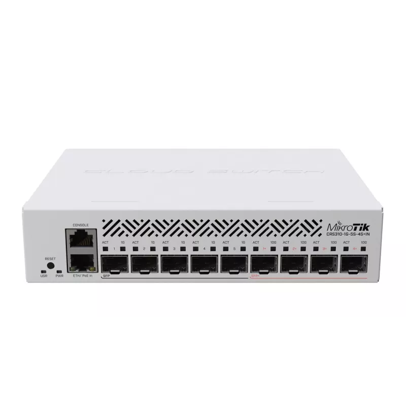Pārvaldīts L3 tīkla komutators MikroTik CRS310-1G-5S-4S+IN — 1U, 1x Gigabit, 5x SFP, 4x SFP+, 10G, līdzstrāva/PoE 18–57V, 20W maks.