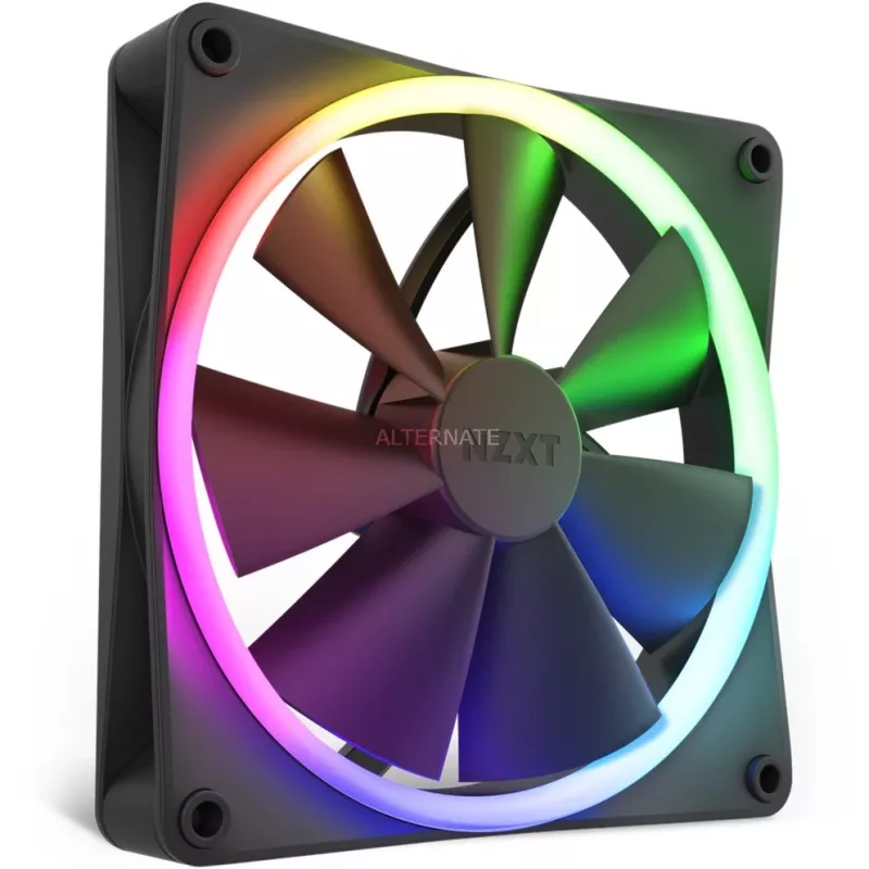 Korpusa ventilators NZXT F140 RGB 14 cm, melns, 500–1800 RPM, Fluid Dynamic Bearing, 4-pin, 18 gaismas diodes