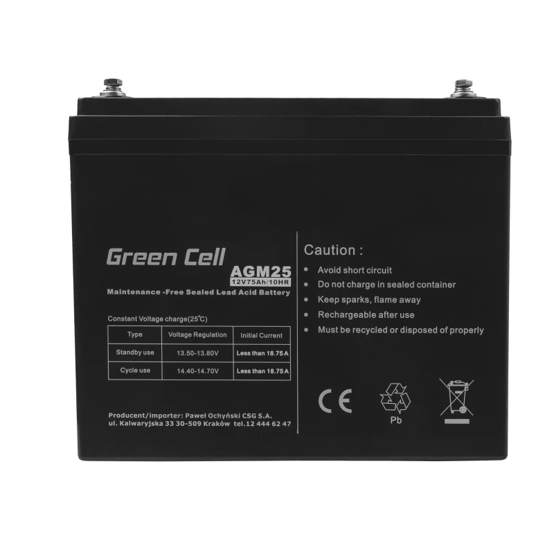Hermētisks svina-skābes UPS akumulators zaļa Cell AGM25 12 V 75 Ah, VRLA, 75Ah, 12V, 21.3 kg