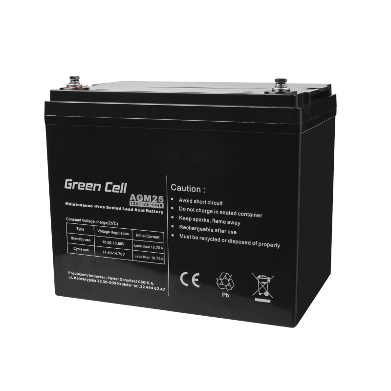 Hermētisks svina-skābes UPS akumulators zaļa Cell AGM25 12 V 75 Ah, VRLA, 75Ah, 12V, 21.3 kg