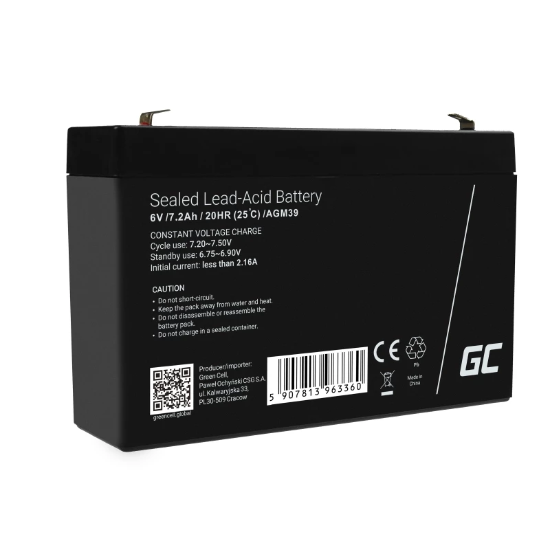 zaļa Cell AGM39 rūpnieciskā uzlādējamā baterija 7200 mAh 6 V