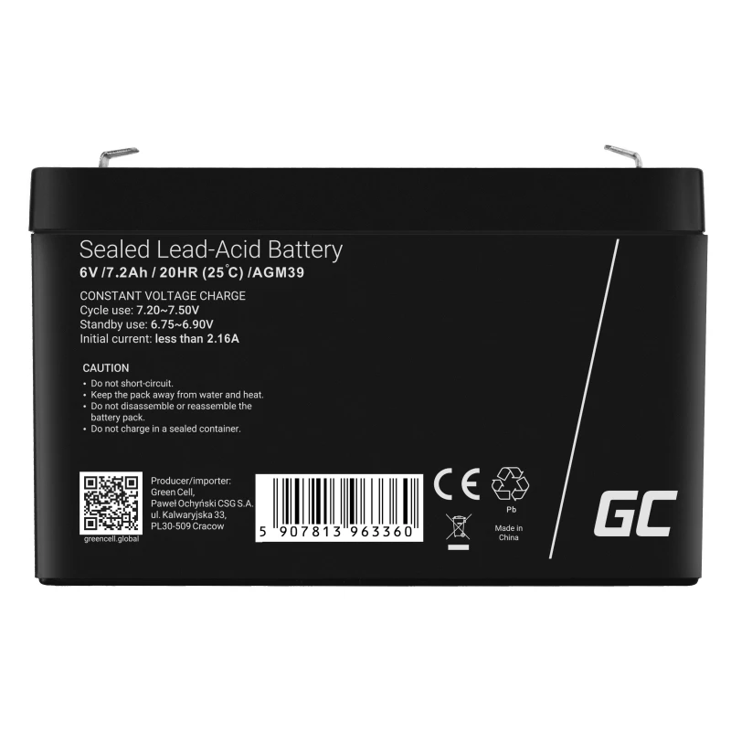 zaļa Cell AGM39 rūpnieciskā uzlādējamā baterija 7200 mAh 6 V