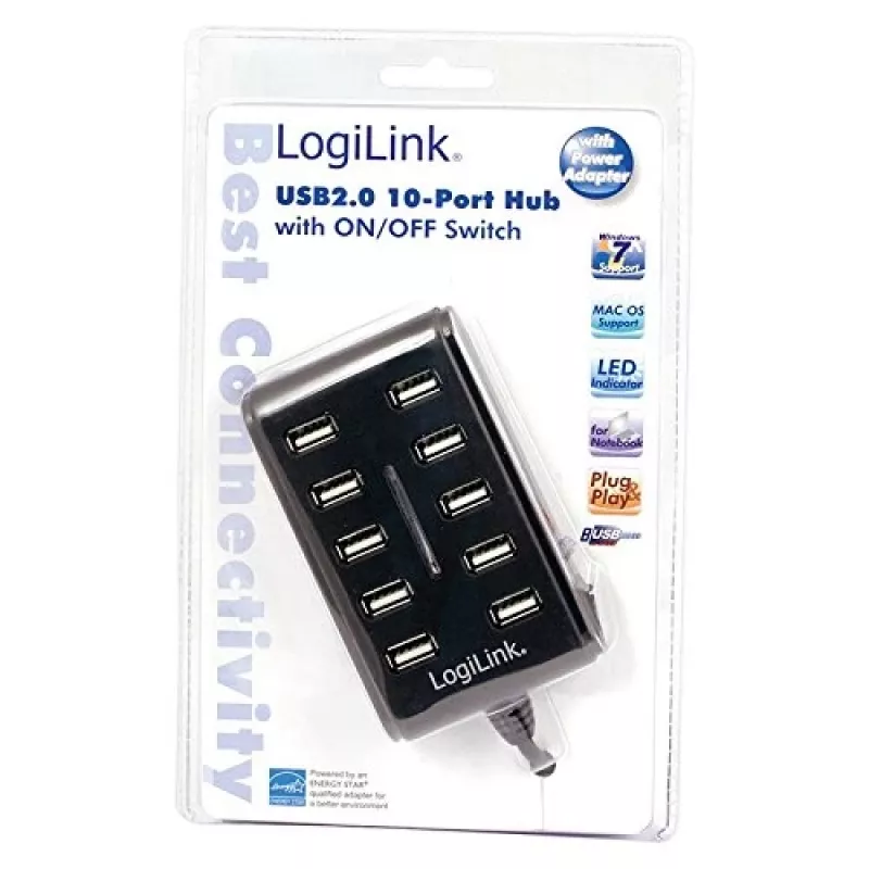 Logilink UA0125 USB centrmezgls 10 portu USB 2.0 ar strāvas adapteri 3,5 A, | Logilink