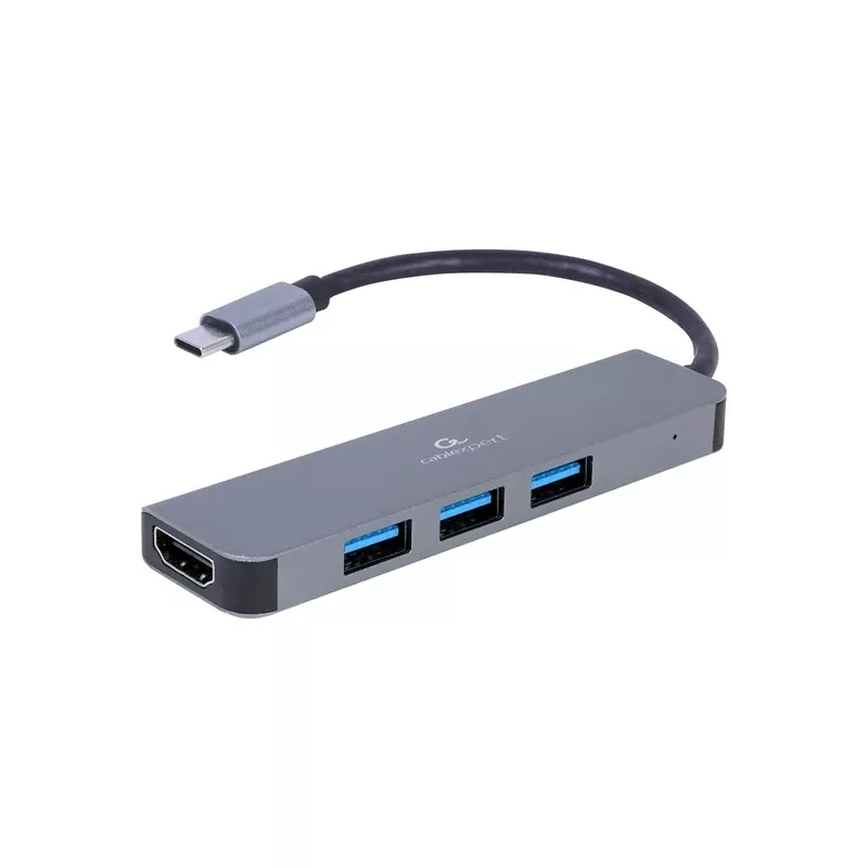 USB-C klēpjdatora dokstacija GEMBIRD A-CM-COMBO2-01 — USB 3.2 Gen 1 Type-C, 3× USB-A, 1× HDMI, pelēka