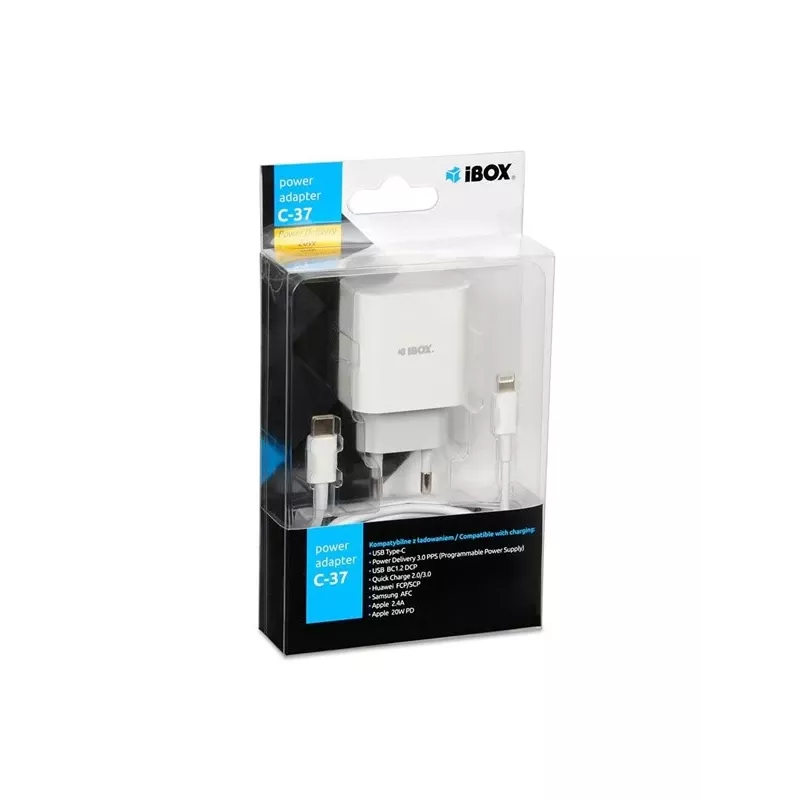 Iekštelpu USB Type-C ātrais lādētājs IBOX C-37, 20 W, USB‑C PD 3.0, 3 A izeja, balts