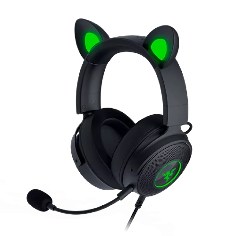 Razer Kraken V2 Pro Kitty Edition, vadu, pāri ausīm, melnas, spēļu austiņas