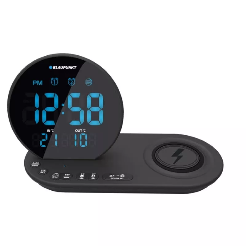 FM PLL clock radio/ALARM/USB/CR85BK CHARGE/Wireless charging/iekštelpu/outdoor temperature/Melns