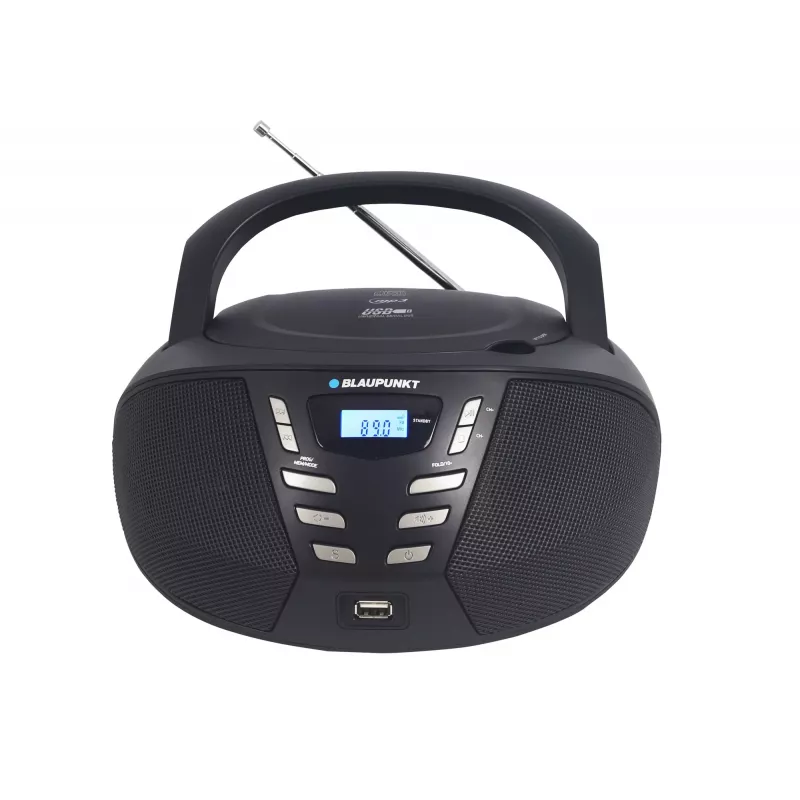 Portatīvais CD atskaņotājs Blaupunkt BB7BK — MP3, FM radio, USB, AUX, bateriju darbināms, 2x iebūvēti skaļruņi, 240×230×128 mm