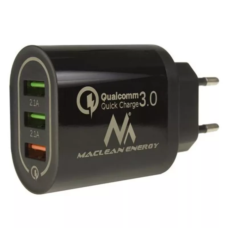 USB sienas lādētājs MACLEAN MCE479B — 3x USB pieslēgvietas, 18W kopējā izejas jauda, kompakts