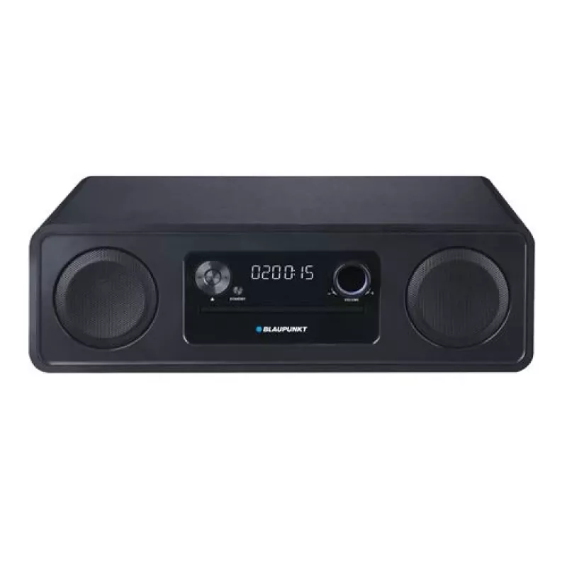 Mikro Hi-Fi sistēma BLAUPUNKT MS20BK — CD/MP3/WMA, Bluetooth 5.0, FM, USB, MicroSD, 2×20W RMS, AUX, RCA, LED displejs, 100–240V, melna