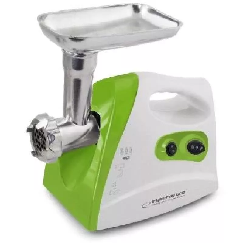 Gaļas maļamā mašīna ESPERANZA EKM012G — 600 W, nerūsējošā tērauda asmens, desu pildīšanas uzgalis, kebe pagatavotājs, reverss, neslīdošās pēdiņas, balta/zaļa