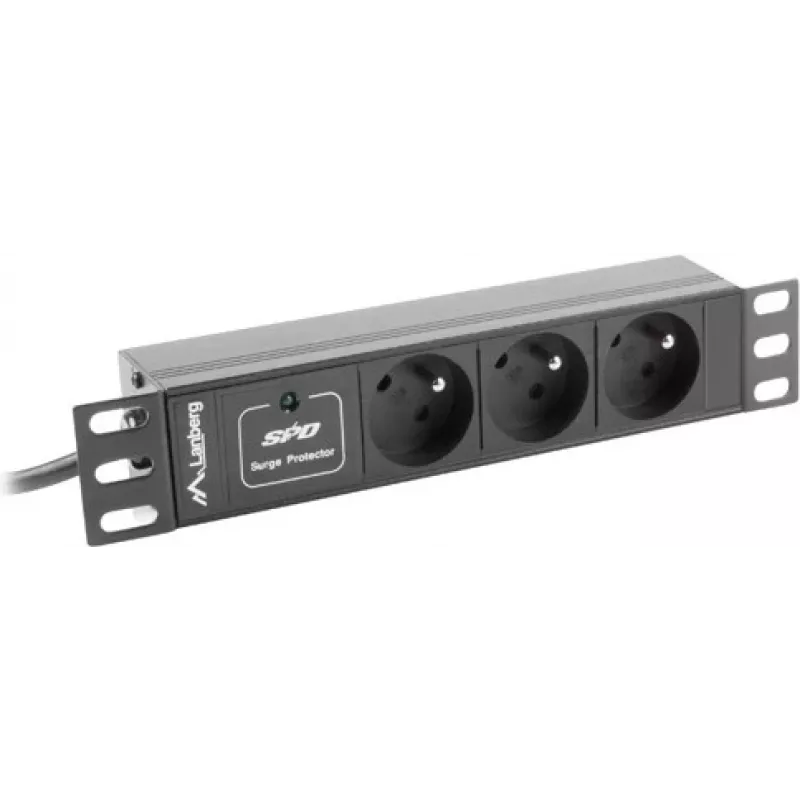 Strāvas sadales bloks LANBERG PDU-03E-0200-BK — 1U, 3x Type E rozetes, 220–250 V, 16 A, 2 m kabelis, melns