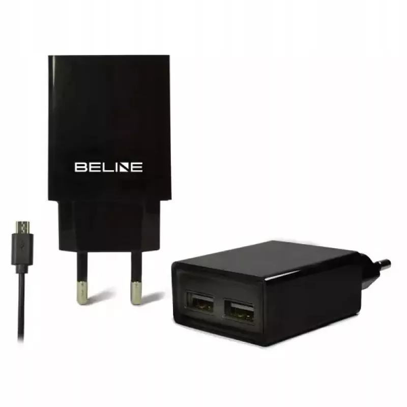 Ceļojumu lādētājs Beline Beli0011 — 2×USB pieslēgvietas, microUSB kabelis, 2A izeja, melns