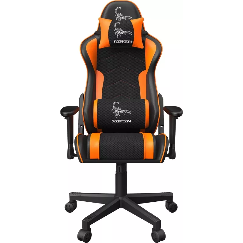 Spēļu krēsls GEMBIRD GC-SCORPION-04X melni oranžs, ergonomisks dizains, regulējama sēdpozīcija, augsta atzveltne