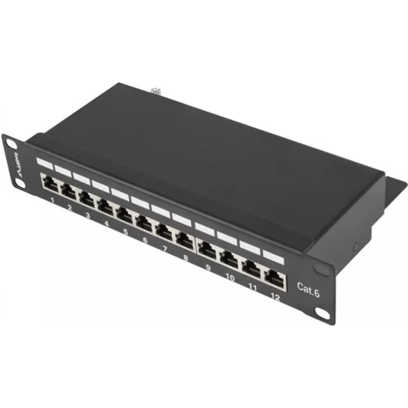Plākstera panelis LANBERG PPF6-9012-B — 12 portu RJ45, metāla, melns, 1U (215×44,5×130 mm)