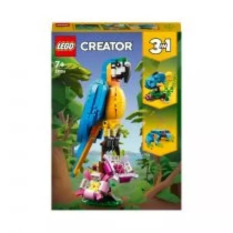 LEGO komplekts Exotic Parrot 31136 — Creator vitrīnas modelis, 253 detaļas, 220×120×110 mm