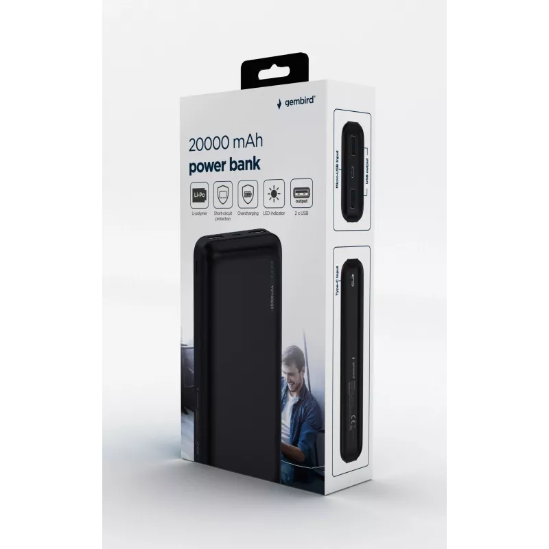 Gembird PB20-02 ārējais akumulators Litija polimērs (LiPo) 20000 mAh Melns