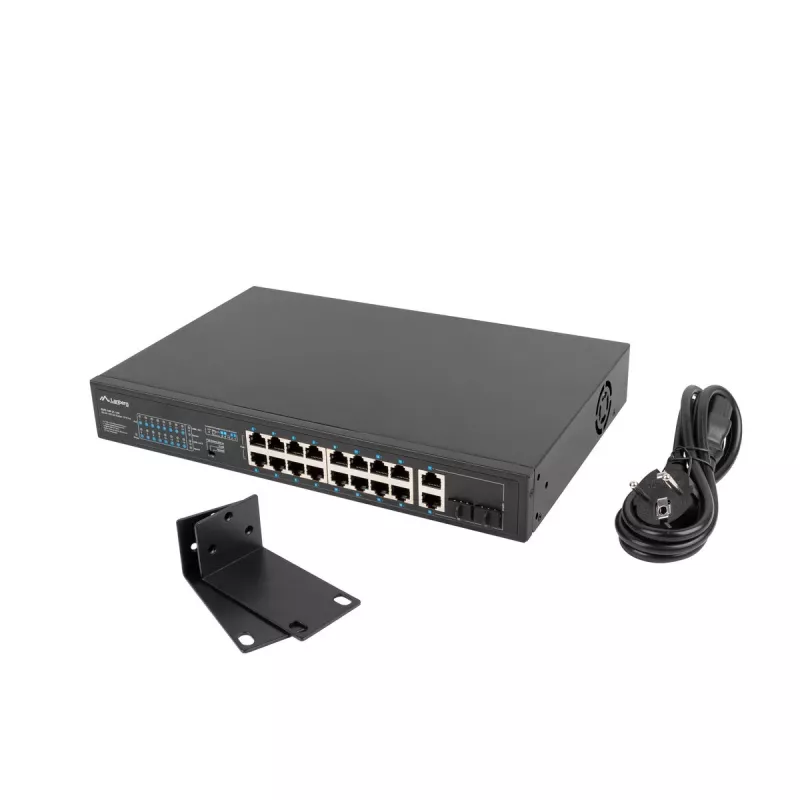 Nepārvaldāms slēdzis LANBERG RSFE-16P-2C-150 — 18 portu Gigabit, 16 PoE+/2 SFP, 150 W kopā, 1U statīvs, metāls, melns