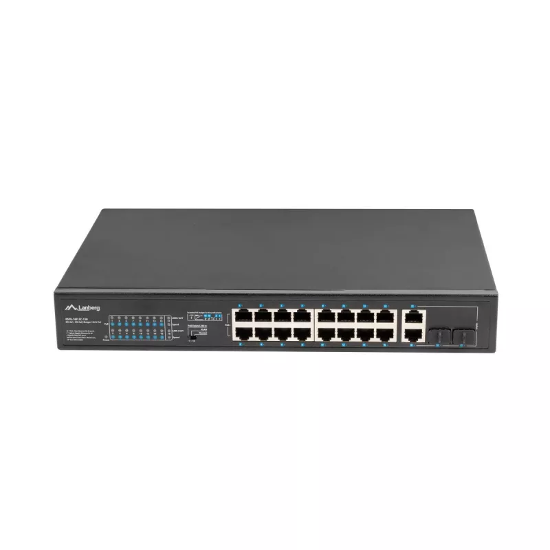 Nepārvaldāms slēdzis LANBERG RSFE-16P-2C-150 — 18 portu Gigabit, 16 PoE+/2 SFP, 150 W kopā, 1U statīvs, metāls, melns
