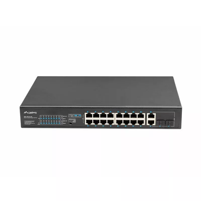 Nepārvaldāms slēdzis LANBERG RSFE-16P-2C-250 — 18 portu Gigabit, 16x PoE+ (30W), 2x SFP, 250W, 1U, metāls, stiprināšana statīvā
