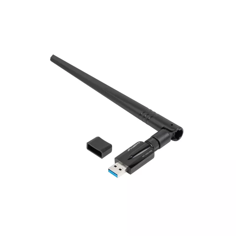 Iekšējā WLAN karte LANBERG NC-1200-WIE — Divu joslu USB WLAN adapteris, RTL8812BU, līdz 1200 Mbit/s, ārējās 2x2 antenas (5 dBi), melna