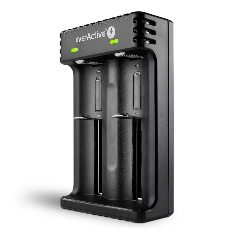 Bateriju lādētājs everActive LC200 mājsaimniecības USB, 2 nodalījumu, Li-Ion, atbalsta A/AA/AAA/AAAA/C/D, 5 V ieeja, 4.2 V izeja, melns