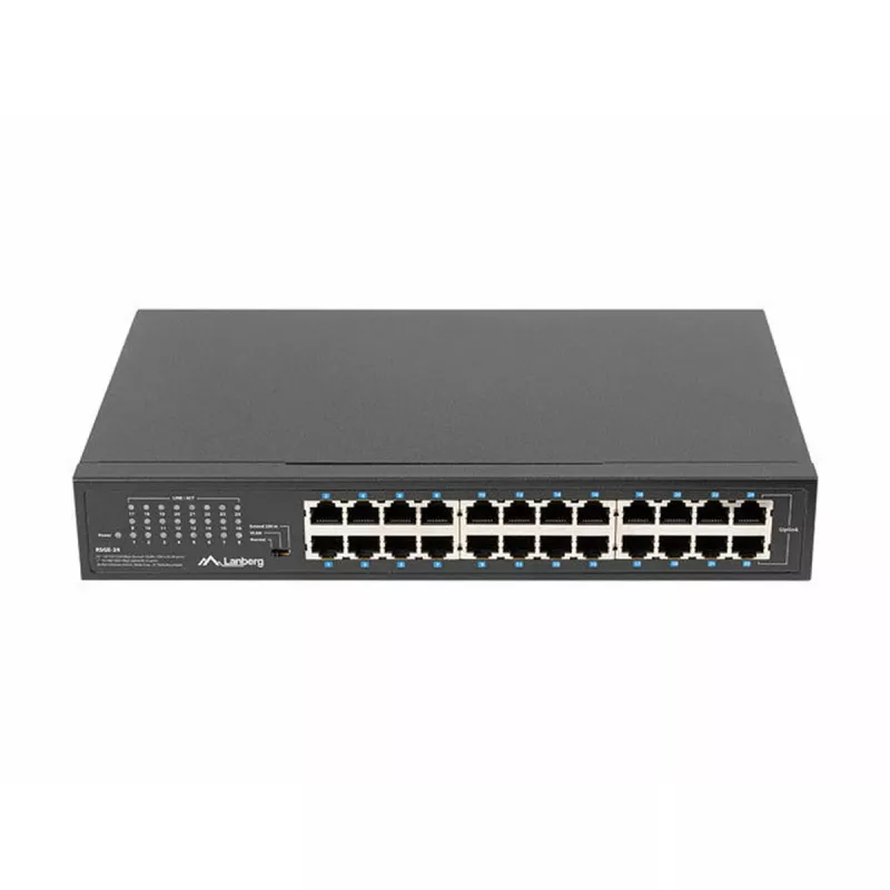 Nepārvaldāms komutators LANBERG RSGE-24 — 24× Gigabit Ethernet 1U, montējams statīvā, melns