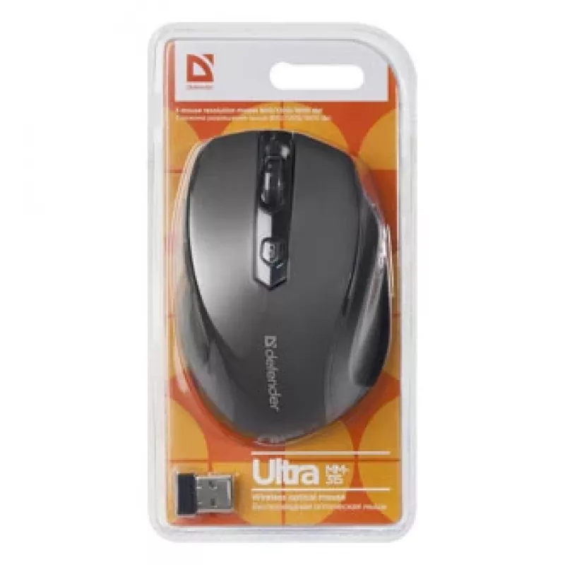 Bezvadu RF optiskā labās rokas pele DEFENDER ULTRA MM-315 — 1600 DPI, 6 pogas, USB uztvērējs, melna
