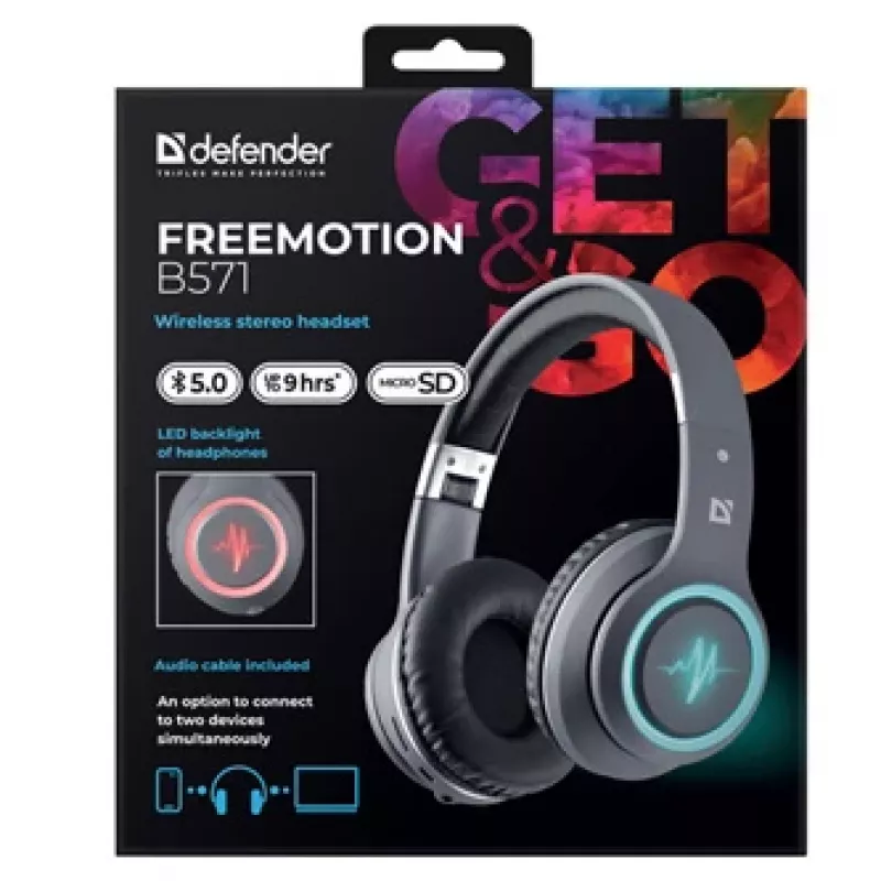 Austiņas DEFENDER FREEMOTION B571 LED bezvadu binaurālās, 4 cm draiveri, 6–8 h akumulators, slēgta akustika, 20–20000 Hz