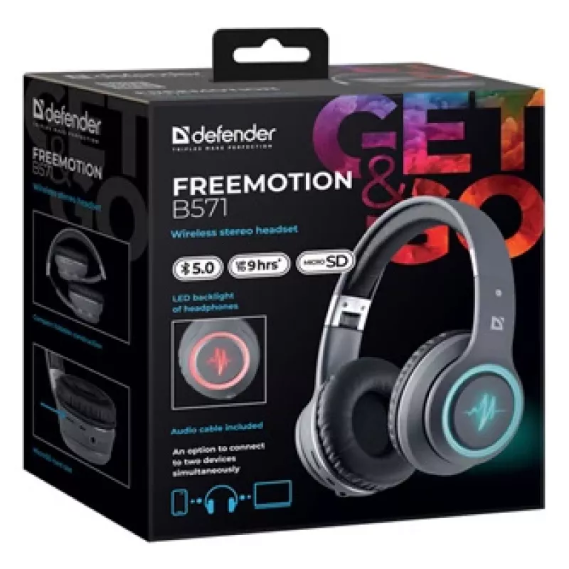Austiņas DEFENDER FREEMOTION B571 LED bezvadu binaurālās, 4 cm draiveri, 6–8 h akumulators, slēgta akustika, 20–20000 Hz