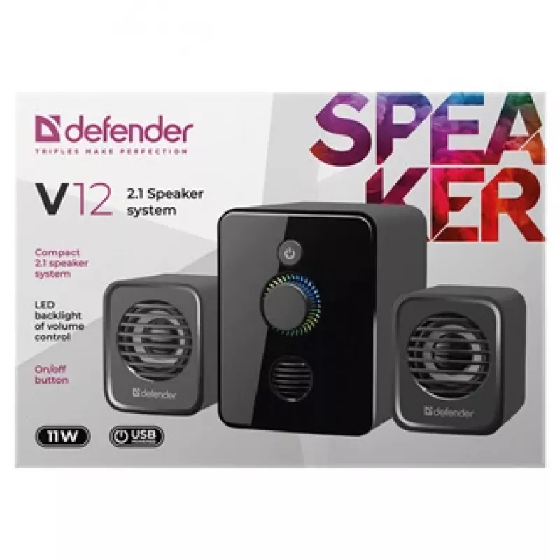 2.1 datora skaļruņi DEFENDER V12 11W RMS USB, 3,5 mm, zemfrekvences skaļrunis, melna, 223×115×130 mm