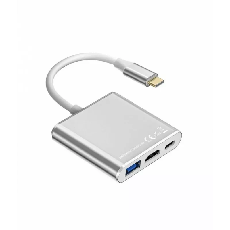 USB C adaptera centrmezgls TB AKTBXVAU3HMPDAV — 3-in-1: HDMI + USB-A + USB-C PD, sudraba
