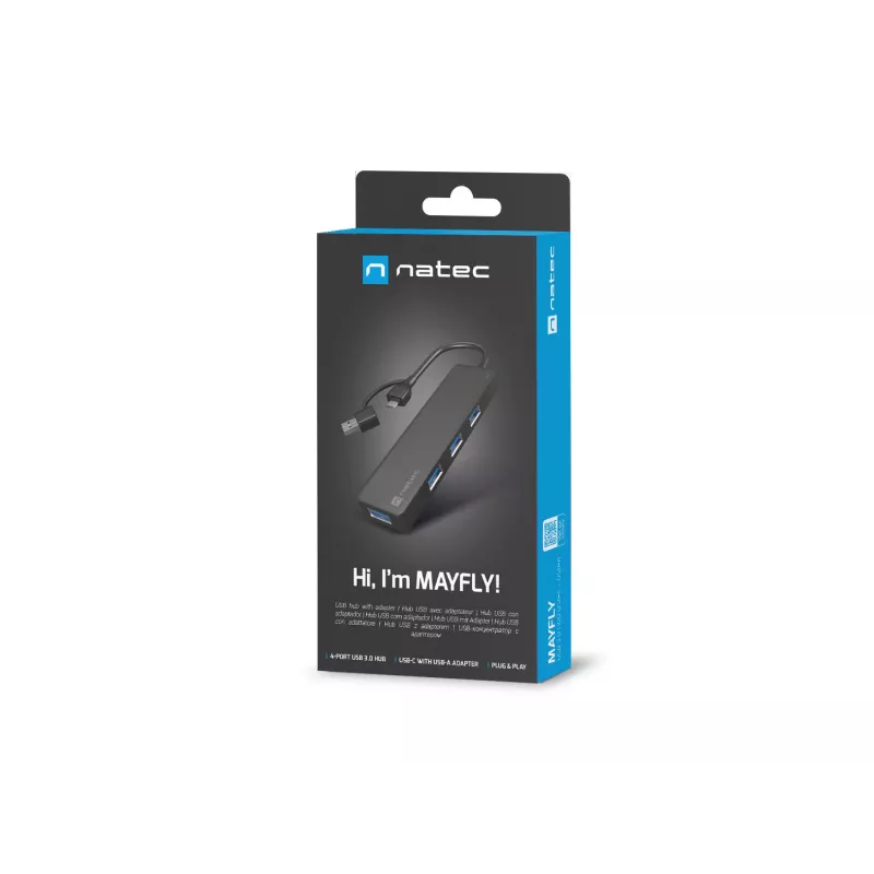 USB centrmezgls NATEC Mayfly USB 3.2 Gen 1 Type-A Type-C 5000 Mbit/s Melns