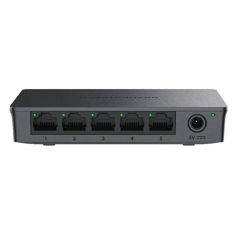 Grandstream GWN7700 2. slāņa nepārvaldāms slēdzis ar 5 Gigabitu portiem, 10 Gbps pārslēgšanas jaudu, 802.1p QoS, melns, galda/sienas montāža, 5 VDC