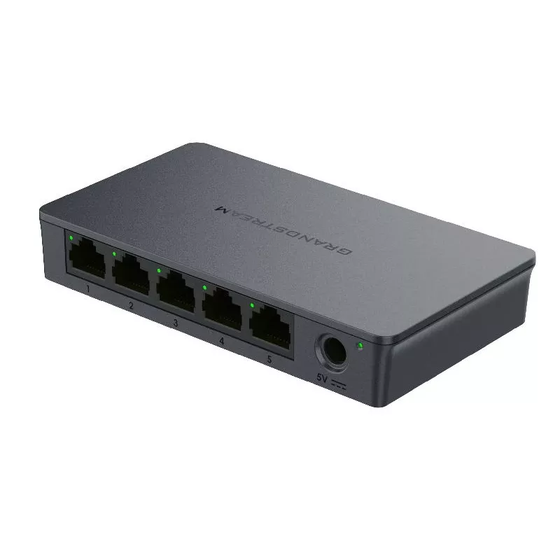 Grandstream GWN7700 2. slāņa nepārvaldāms slēdzis ar 5 Gigabitu portiem, 10 Gbps pārslēgšanas jaudu, 802.1p QoS, melns, galda/sienas montāža, 5 VDC