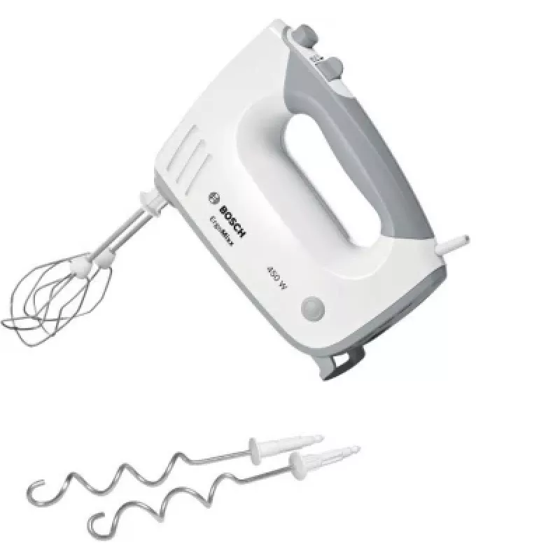 Rokas mikseris Bosch MFQ36400 — 450 W, 5 ātrumi, turbo, 1,3 m vads, pelēks/balts