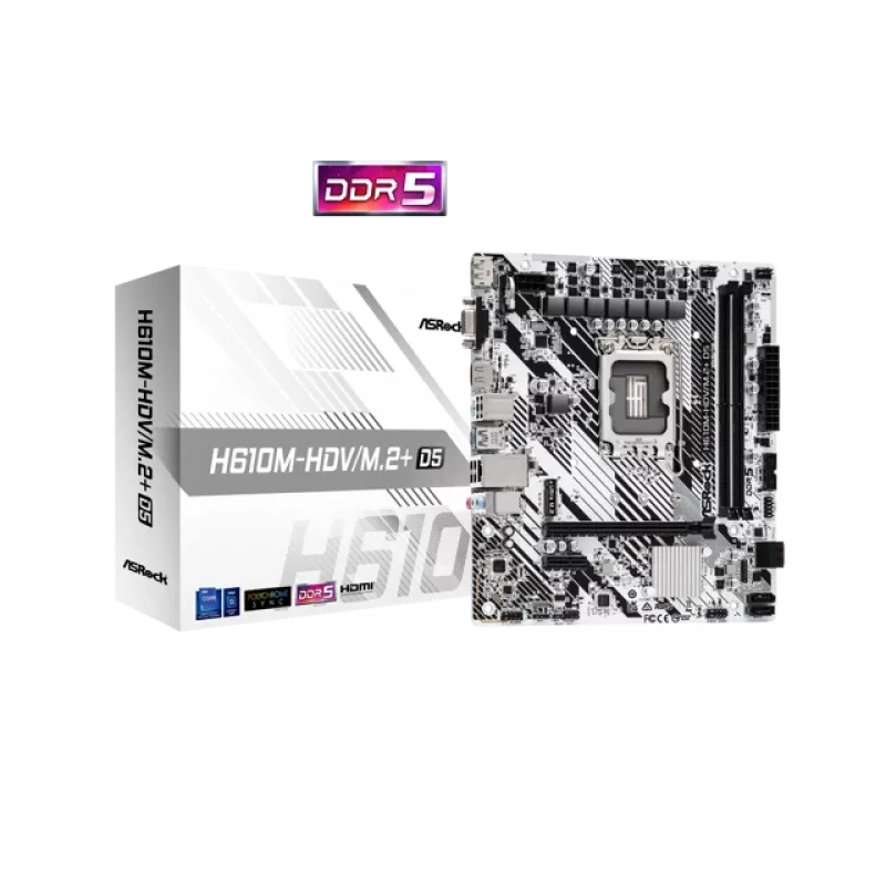 Mātesplate ASRock H610M-HDV/M.2+ D5 — Intel H610, LGA 1700, microATX, 2× DDR5 DIMM, M.2, HDMI 2.1, DP 1.4