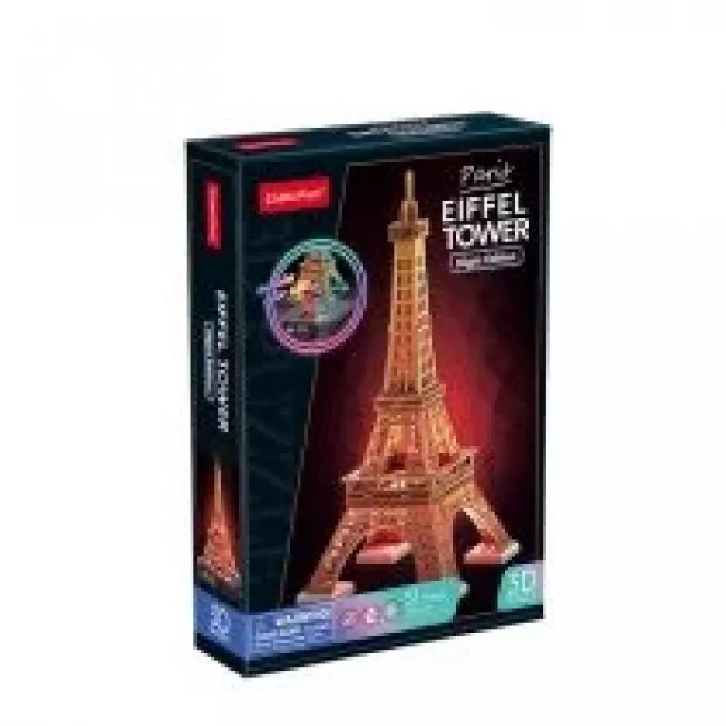 3D puzle Cubicfun Eifeļa tornis nakts versija LED, Cubicfun modelis 306-L534H – izgaismota arhitektūras 3D puzle