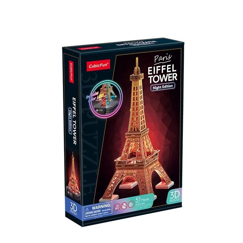 3D puzle Cubicfun Eifeļa tornis nakts versija LED, Cubicfun modelis 306-L534H – izgaismota arhitektūras 3D puzle